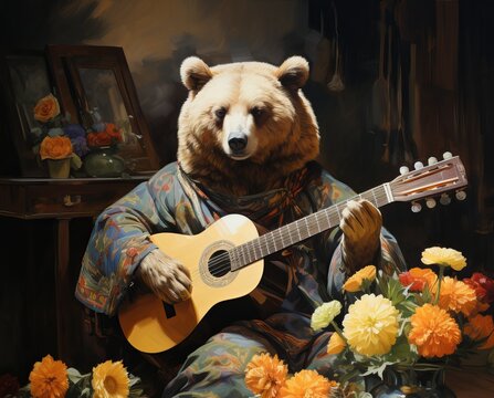 Fantasy portrait of a bear dressed in a traditional outfit and playing a guitar among an ornate room filled with flowers and vintage items