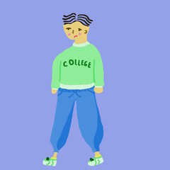 A man with black hair wearing a green sweater with engish word 