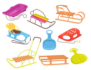 Plastic wooden snow sleigh and sledges equipment for winter fun entertainment vector illustration - obrazy, fototapety, plakaty