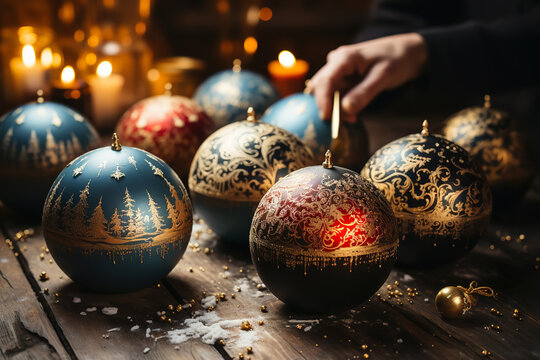 Christmas balls made on old wooden table, top view, old hands paint brush, paint brush,