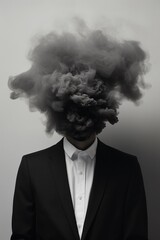 Man in black suit vanishing in a dark black smoke from head, surreal emotional concept. - obrazy, fototapety, plakaty