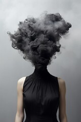 Woman in black dress vanishing in a dark black smoke from head, surreal emotional concept.
