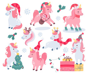Cute Christmas unicorn magic character in red festive hat doing different winter activities set