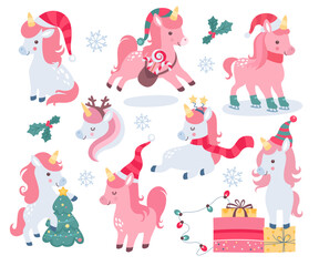 Cute Christmas unicorn magic character in red festive hat doing different winter activities set © Mykola Syvak