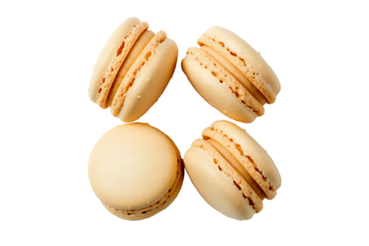 group of three delicious French vanilla macaroons, sweet isolated design element, top view / flat lay