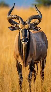 a majestic Gnu antelope situated in its natural savannah habitat.