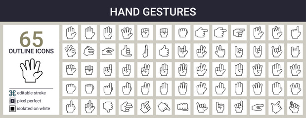 Gestures  and hand signs icon set in outline style - obrazy, fototapety, plakaty