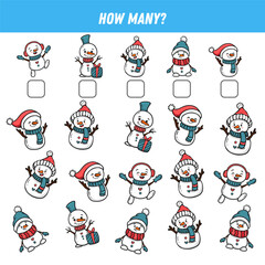 How many snowmans are there. Count the number. Christmas game. Cute cartoon snowman. Math worksheet for kids. Vector illustration