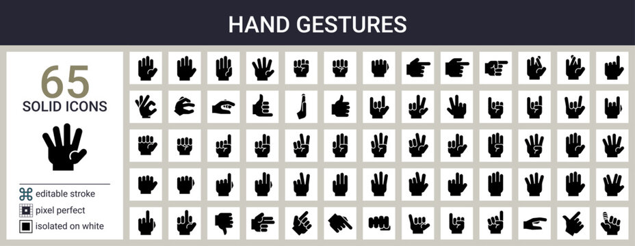 Gestures  and hand signs icon set in solid style