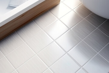 White tile floor background. Clean surface bathroom, kitchen and laundry room. Top view