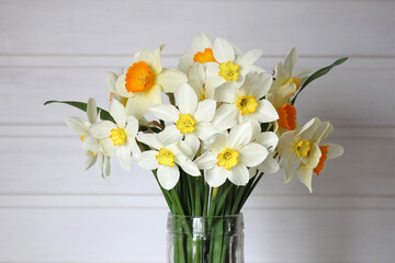 a bouquet of daffodils, garden flowers. concept: spring, rural composition, cottage core.