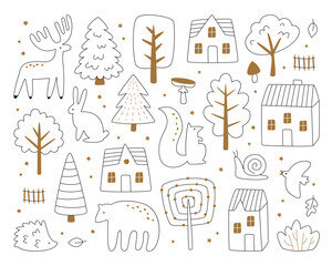 Winter seamless pattern with houses and forest animals simple lined vector illustration design