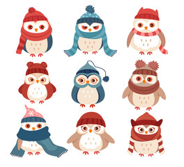 Funny winter owls cartoon characters wearing warm knitted hat and scarf set vector illustration