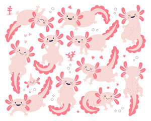 Cute axolotl characters with happy smiling emotion on face isolated set vector illustration