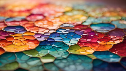 A visually stunning Voronoi diagram comes to life with vibrant rainbow colors. The intricate network of geometric shapes is meticulously crafted, forming a abstract background pattern 
