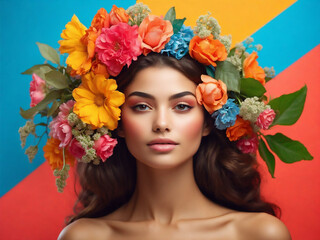 Obraz na płótnie Canvas Beautiful girl with flowers on colorful background. Portrait of girl with flower crown. Young beautiful woman with a healthy clean skin. Pretty woman with bright makeup