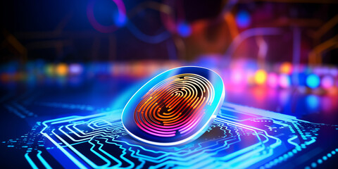 Concept Protect personal data banner. Security system with fingerprint on cyber technology neon background