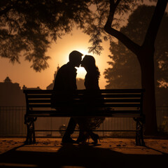 silhouette of a couple in love kissing on the bench in the park at sunset, romance, valentine  