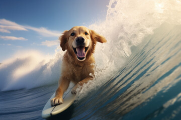 Happy golden retriever dog standing on a surfboard while surfing under ocean wave in Hawaii. Dog...