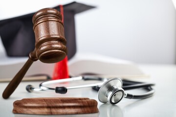 judge wooden hammer and medical doctor stethoscope