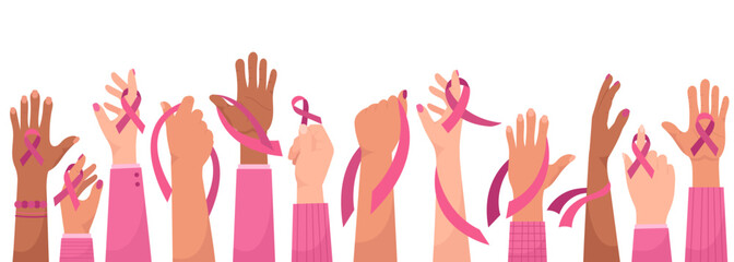 Breast cancer awareness vector illustration with human hands holding pink ribbons support symbol - obrazy, fototapety, plakaty