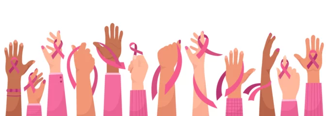 Foto op Aluminium Breast cancer awareness vector illustration with human hands holding pink ribbons support symbol © Mykola Syvak