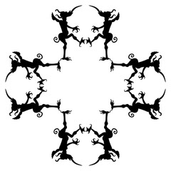 Geometrical frame with two medieval devils with their tongues sticking out. Black silhouette on white background.