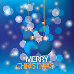 Merry Christmas. Christmas balls on blue background, bokeh. Banner, Xmas card. Vector Illustration