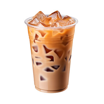 Iced coffee isolated on transparent background, delicious cold iced latte coffee drink in disposable plastic cup with ice cubes, cold beverage, for cafe, coffee shop, menu, design.