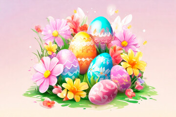 Happy easter greeting card with colourful eggs and flowers. Watercolor.