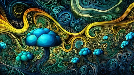 closeup cloud swirls underwater mushroom forest manicured garden eden green blue multiverse cartoon trees abstract fractal automaton marijuana - obrazy, fototapety, plakaty