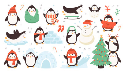 Cute penguin cartoon characters winter activities outdoors during Christmas celebrating time set - obrazy, fototapety, plakaty