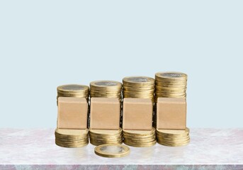 the number 2024 on wooden cubes with coins.