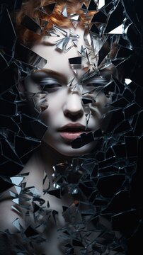closeup woman broken mirror covering face glass shards female model entering mind maze gemini good evil fracture girl hair fractured