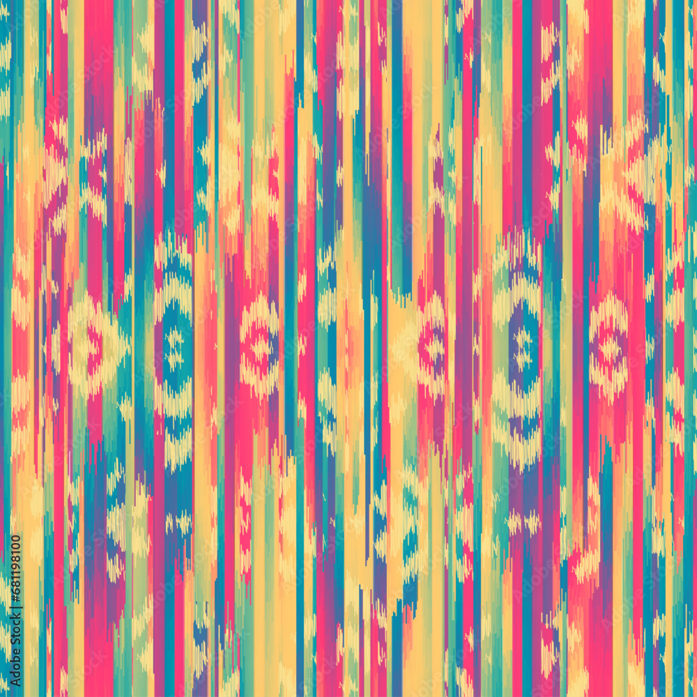 Poster Seamless striped pattern in Ikat style. Folk embroidery.. Aztec ikat style. Seamless vector image. Thin lines