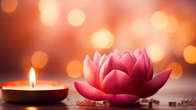 Pink water lily or lotus flower with bokeh background with copyspace. Concept Vesak day Buddhist lent, Buddha birthday