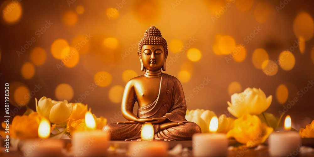 Wall mural buddha statue meditate with golden aura on yellow lotus background with light bokeh. banner vesak da
