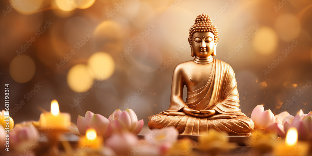 Wall mural buddha statue meditate with golden aura on yellow lotus background with light bokeh. banner vesak da