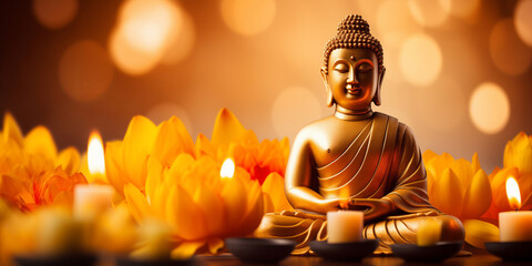 Buddha statue meditate with golden aura on yellow lotus background with light bokeh. Banner Vesak day