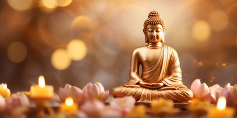 Buddha statue meditate with golden aura on yellow lotus background with light bokeh. Banner Vesak day