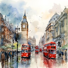 Londoner Symphonie: Big Ben und rote Busse - obrazy, fototapety, plakaty