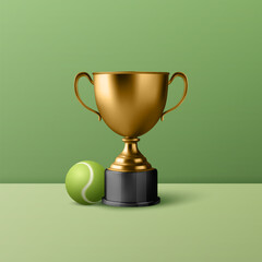 Vector 3d Realistic Blank Golden Champion Cup Icon with Tennis Ball Set Closeup on Green Background. Design Template of Championship Trophy. Sport Tournament Award, Gold Winner Cup and Victory Concept