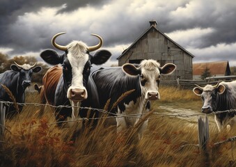 four cows standing field behind fence scary portrait cartoon animal clouds wisconsin figurative nosey neighbors - obrazy, fototapety, plakaty