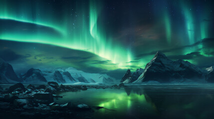 Northern Lights (aurora borealis) over the lake and mountains night background