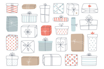 Continuous line design Christmas gift boxes with ribbons and bows isolated set vector illustration