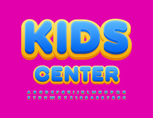 Vector bright Banner Kids Center. Blue and Yellow creative Font. Modern Alphabet Letters and Numbers.