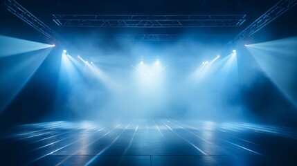 Empty night stage concert  with spotlights,  blue stage lights , smoke, smog,background, wallpaper.  copy space 