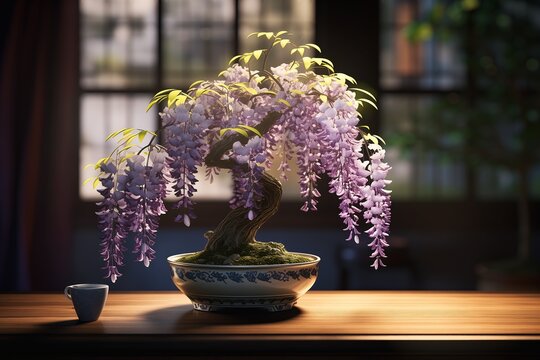 bonsai tree bowl table violet flower still weeping willows flowers plants