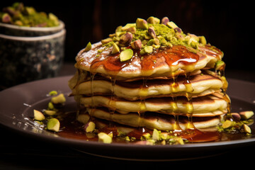 Stack of pancake poured with honey syrup and pistachios on plate and dark background - obrazy, fototapety, plakaty