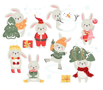 Cute Christmas rabbits funny xmas animal characters preparing for winter holiday celebration set